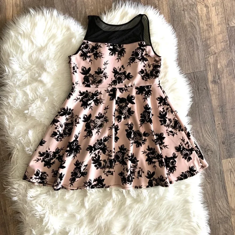TRIXXI Floral Pink/Black Mesh Shoulder Dress Sz 2X